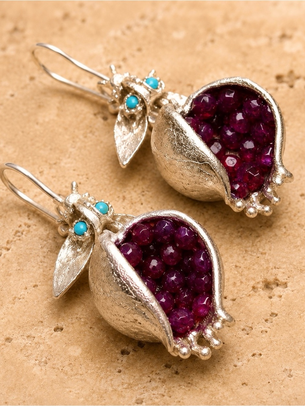 Silver Pomegranate Earrings Ruby Red Gemstone Statement Dangles Coastal